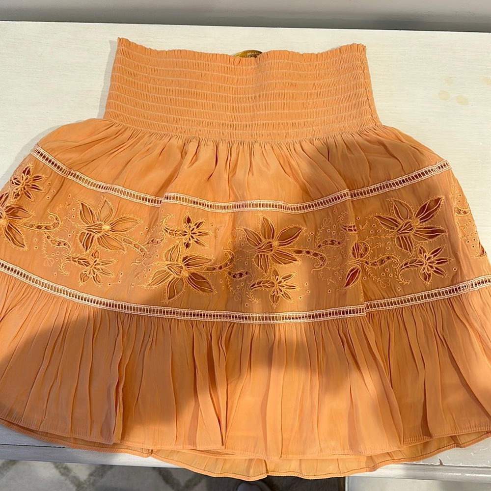 Ramy Brook orange floral scrunched mini beach skirt